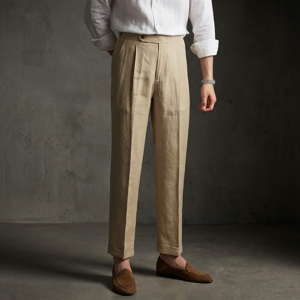 MEN’S PLEATED TROUSERS | LINEN BLEND | CLASSIC STRAIGHT LEG